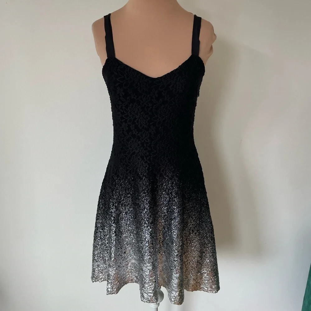 Free People Foil Black Silver Metallic Lace Ombre Fit & Flare Mini Dress EUC S